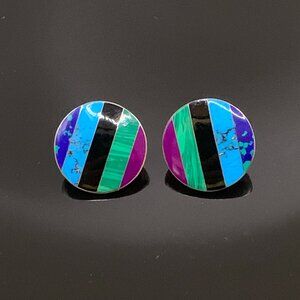 CII MEXICO Stone Inlay 925 Sterling Silver Vtg Mexican Pierced Earrings J610